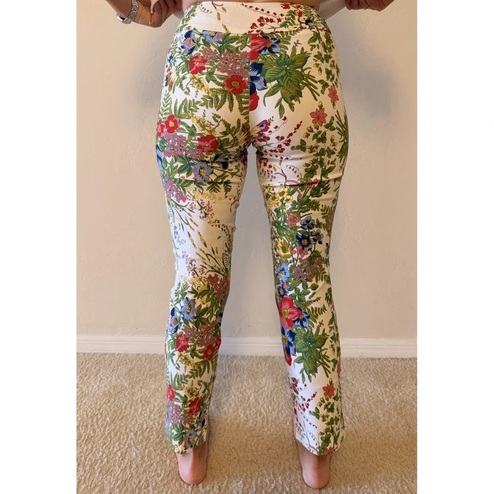 Up! Floral Print Stretch Ankle Pants Straight Leg White Multicolor‎ size 2